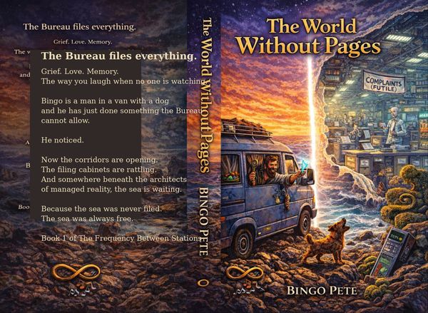 The World Without Pages by Bingo Pete — Book cover showing Jupiter the campervan on a volcanic coast